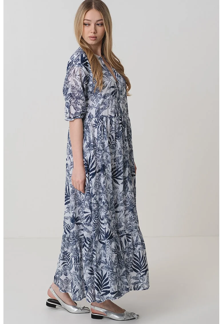 Rochie lejera cu imprimeu floral, Alb/Albastru ultramarin