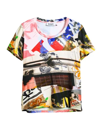 Tricou cu decolteu rotund si imprimeu grafic, Galben sofran/Albastru indigo/Alb murdar
