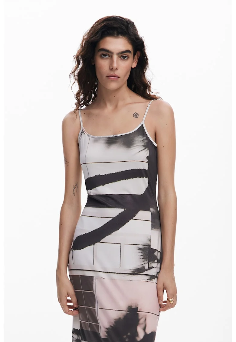 Rochie midi cu imprimeu si bretele ajustabile, Alb/Negru/Maro