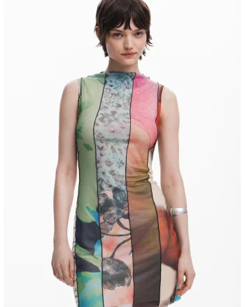 Rochie scurta cu croiala dreapta si decolteu la baza gatului, Multicolor