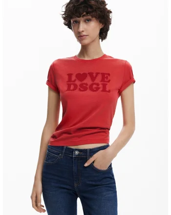 Tricou cu imprimeu si decolteu rotund, Coral
