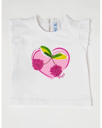 Tricou cu volane pe maneci si imprimeu, Alb/Roz