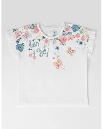 Tricou cu imprimeu si maneci cu volane, Alb/Roz prafuit