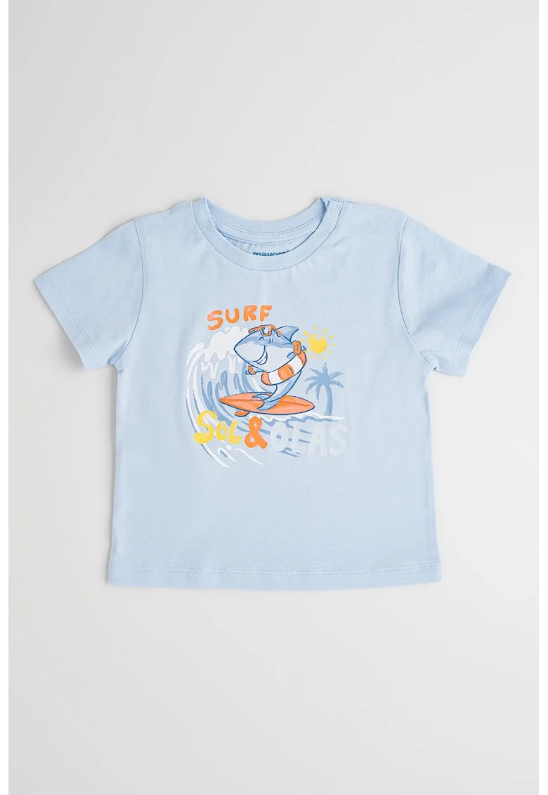 Tricou cu decolteu la baza gatului si imprimeu grafic, Albastru deschis