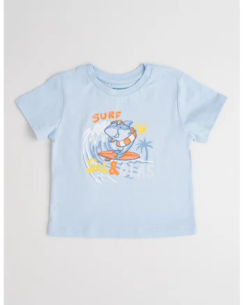 Tricou cu decolteu la baza gatului si imprimeu grafic, Albastru deschis
