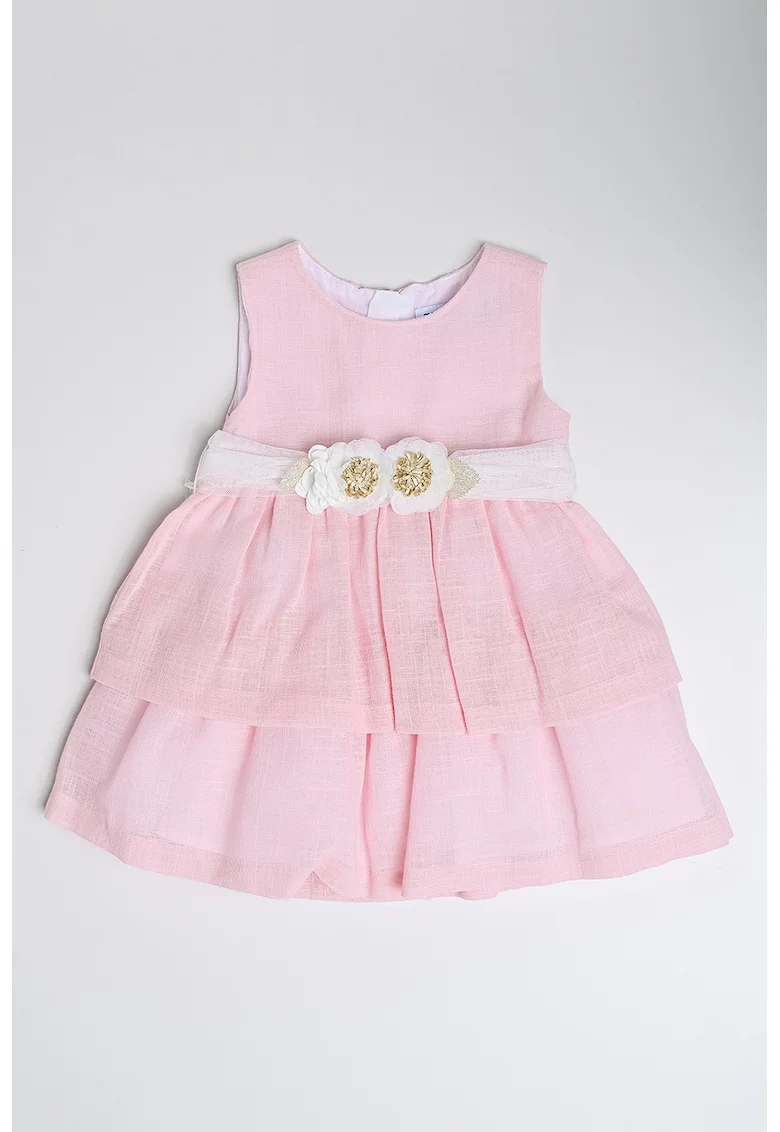 Rochie evazata cu aplicatii in forma de floare, Alb/Roz pal