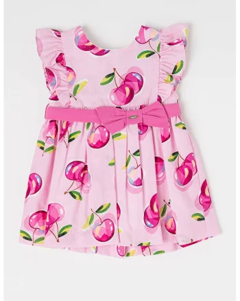 Rochie evazata de bumbac cu un cordon, Verde/Roz deschis