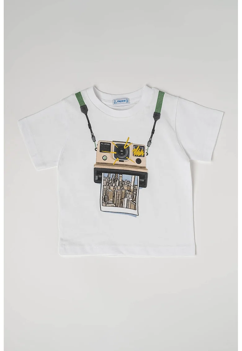 Tricou de bumbac cu decolteu la baza gatului si imprimeu grafic, Alb/Maro deschis