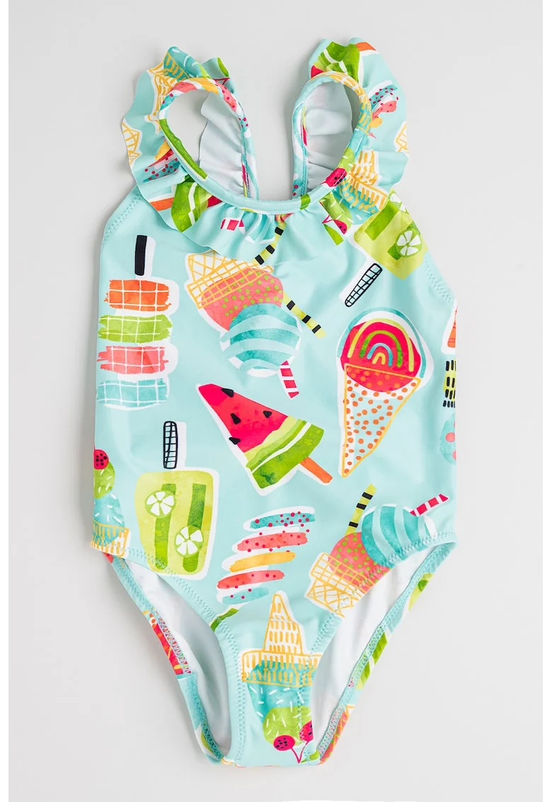 Costum de baie intreg cu volane, Fucsia/Verde menta