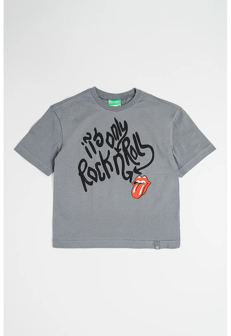Tricou cu imprimeu si decolteu la baza gatului, Rosu/Negru/Gri inchis