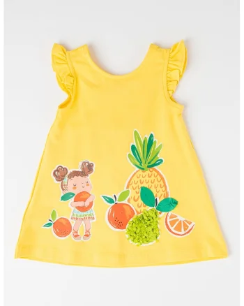 Rochie evazata cu imprimeu cu fructe, Galben