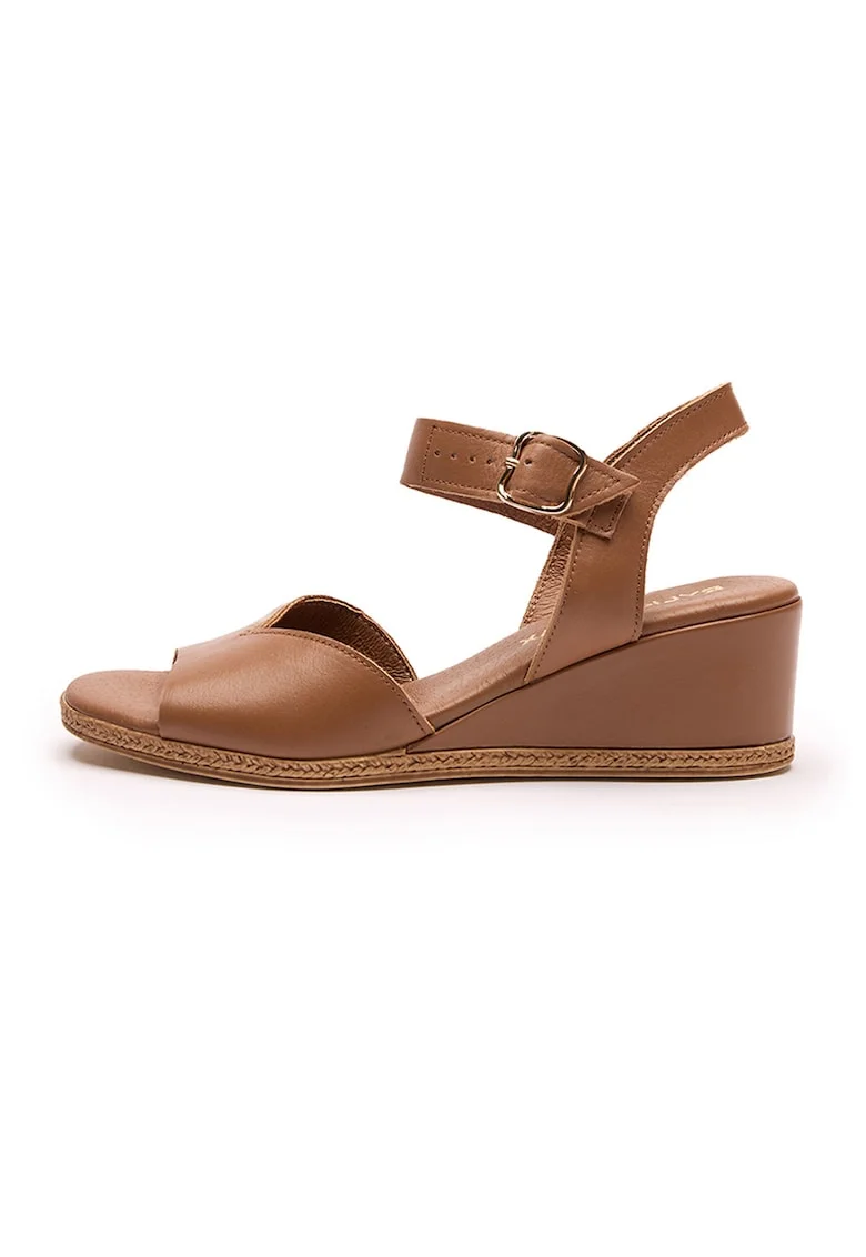 Sandale wedge de piele cu varf rotund Hayley, Maro bronz inchis