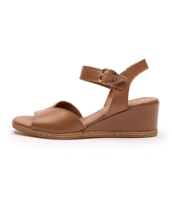 Sandale wedge de piele cu varf rotund Hayley, Maro bronz inchis