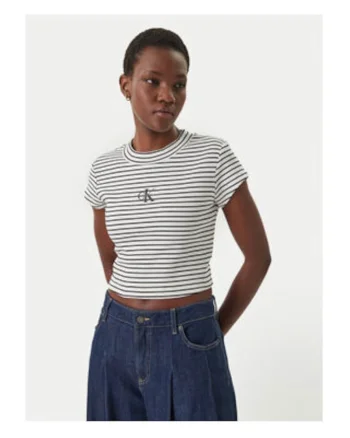 Tricou crop cu dungi si monograma discreta
