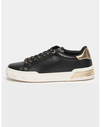 Pantofi sport de piele ecologica si logo perforat, Alb/Auriu/Negru