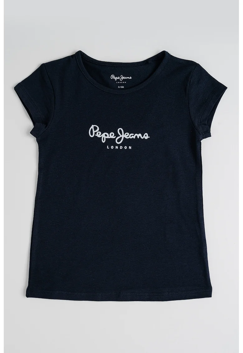 Tricou cu decolteu la baza gatului si logo stralucitor, Albastru ultramarin