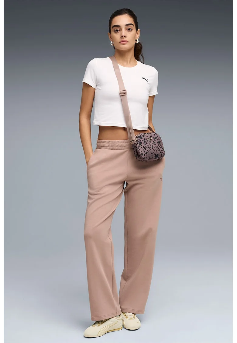 Pantaloni de trening cu croiala dreapta si talie elastica, Negru/Maro nisip