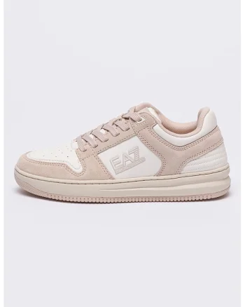 Pantofi sport cu detalii de piele intoarsa, Alb/Maro nisip/Roz