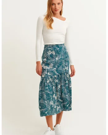 Fusta midi cu model si slit lateral, Alb/Verde persan