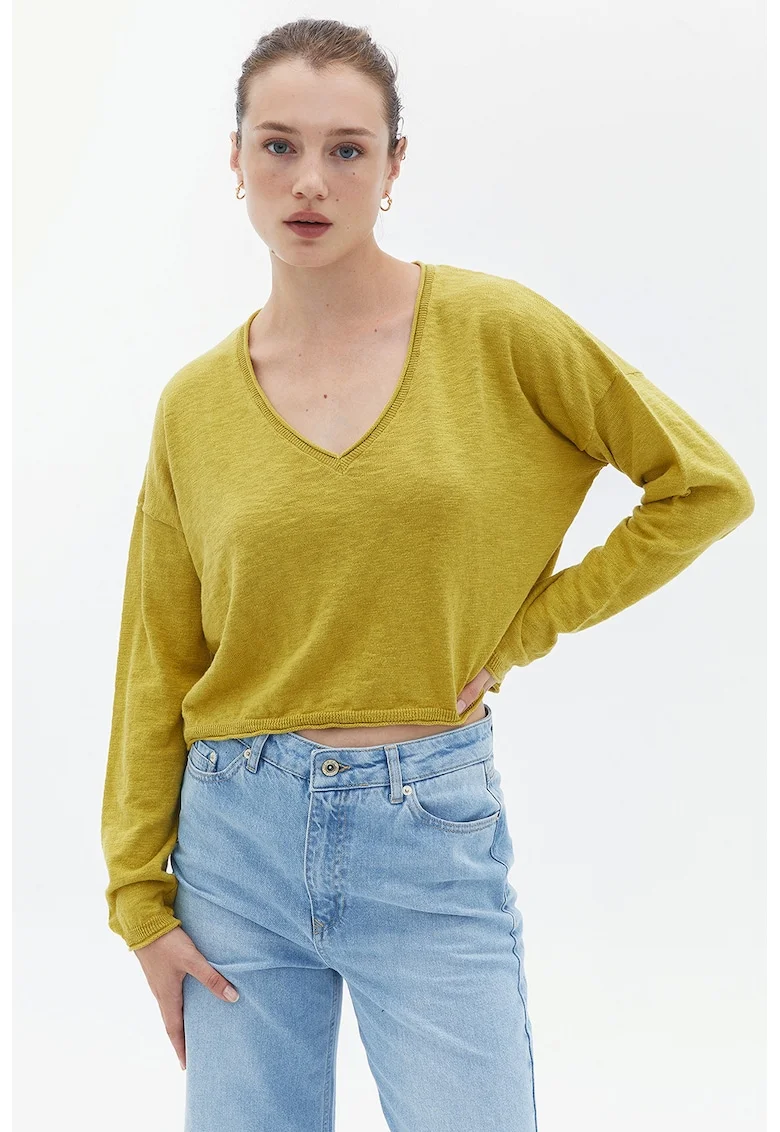 Pulover crop cu decolteu in V si maneci cazute, Verde masliniu