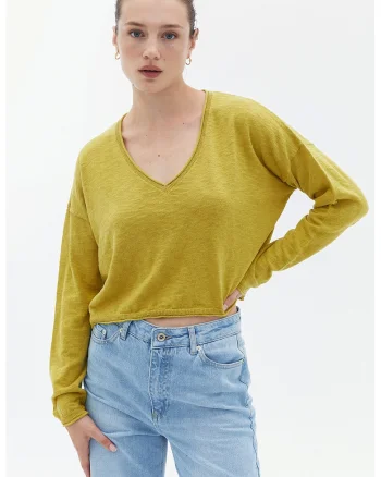 Pulover crop cu decolteu in V si maneci cazute, Verde masliniu