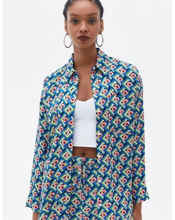 Camasa cu maneci lungi si model, Roz pastel/Albastru royal/Verde aquamarin