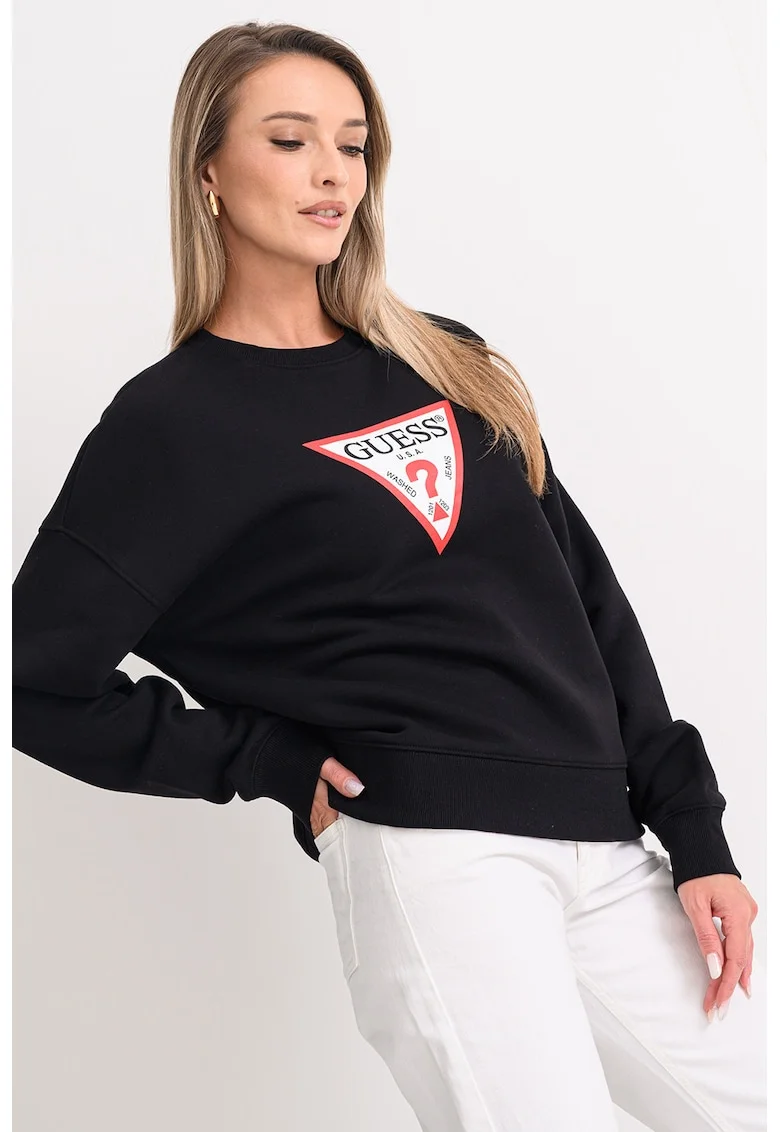 Bluza de trening cu croiala lejera, decolteu la baza gatului si logo, Negru