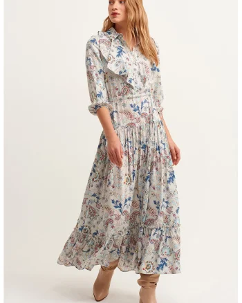 Rochie maxi cu garnituri cu volane si model, Multicolor