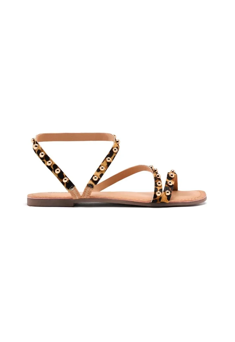 Sandale de piele cu par scurt, cu animal print Ogema, Maro inchis/Maro nisip