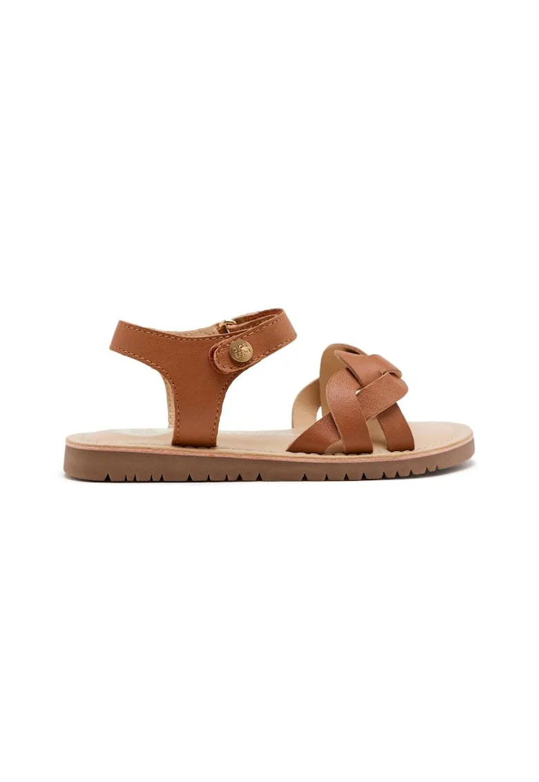 Sandale din piele cu talpa plata si inchidere velcro, Caramel