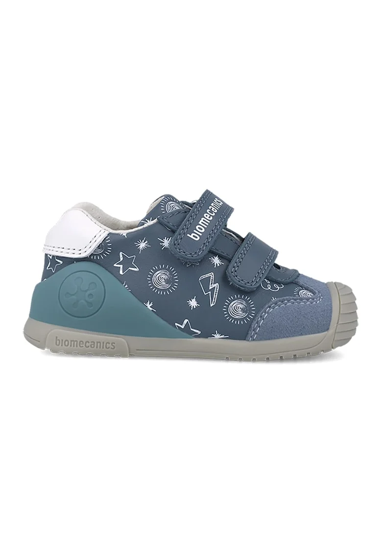 Pantofi sport cu imprimeu si segment dublu cu inchidere velcro, Alb/Albastru prafuit