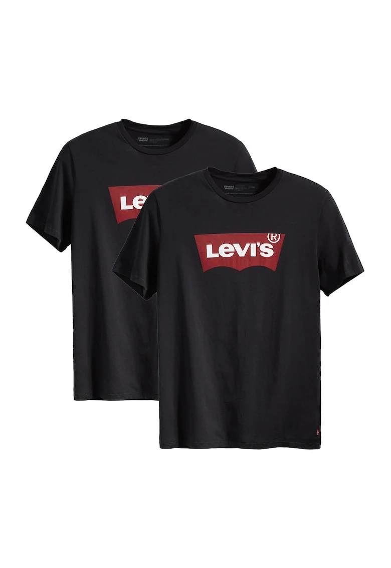 Set de tricouri cu decolteu la baza gatului si imprimeu logo - 2 piese, Negru