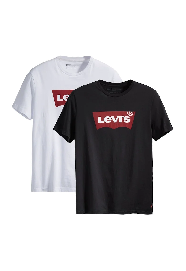 Set de tricouri cu decolteu la baza gatului si imprimeu logo - 2 piese, Alb/Negru