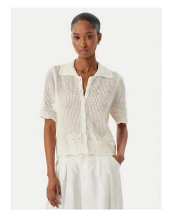 Cardigan dama,  bej, bumbac organic, poliester, acril, maneca scurta