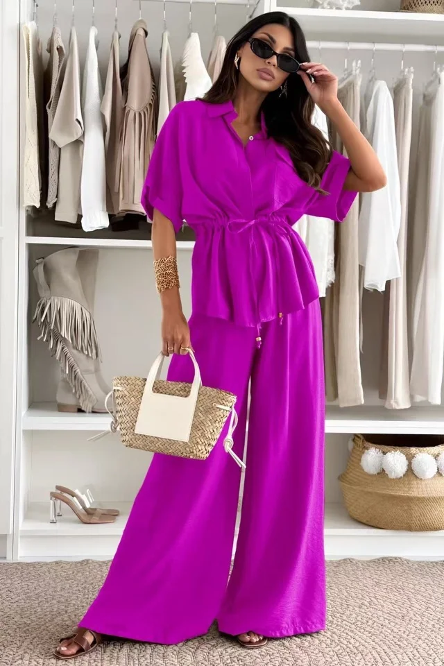 Compleu oversize AZMIRA, camasa vaporoasa si pantaloni lejeri, Mov, Marime S/M/L