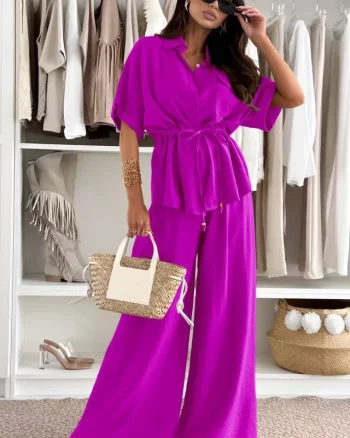 Compleu oversize AZMIRA, camasa vaporoasa si pantaloni lejeri, Mov, Marime S/M/L