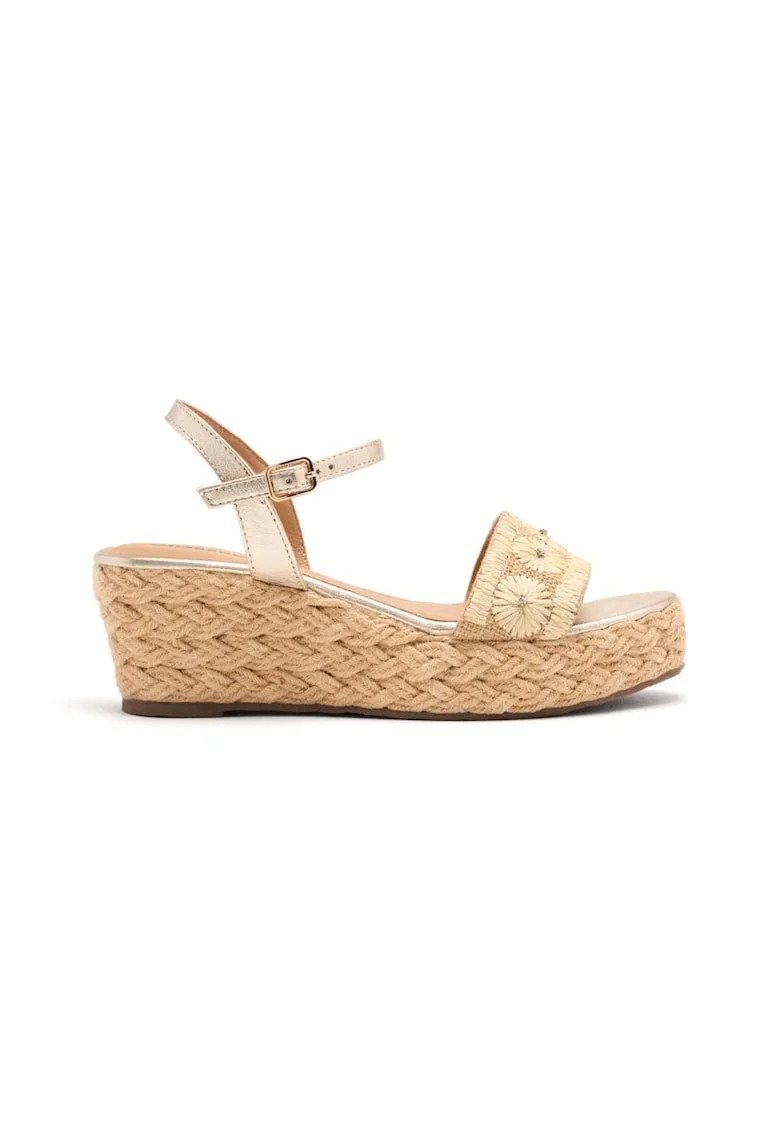 Sandale impletite cu garnituri din piele si talpa wedge, Bej deschis