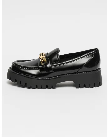 Pantofi loafer de piele ecologica lacuita cu detaliu de lant Almosty, Auriu/Negru