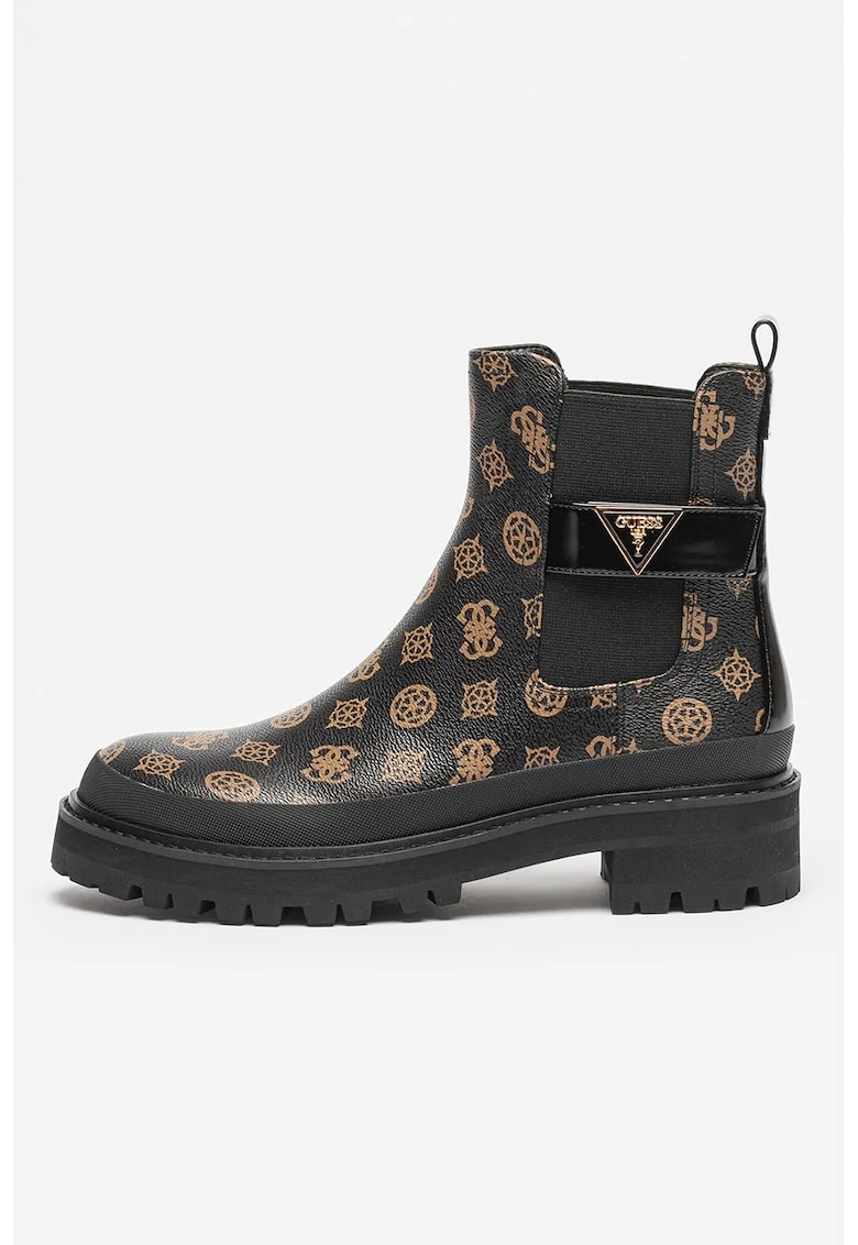 Ghete Chelsea de piele ecologica cu logo, Negru/Maro