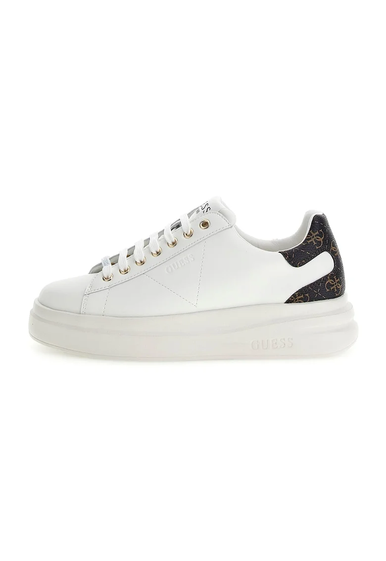 Pantofi sport de piele cu garnituri de piele ecologica, Alb/Maro inchis