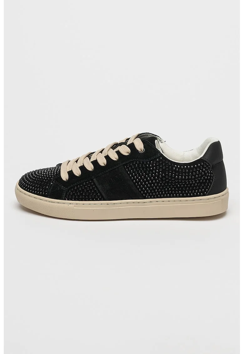 Pantofi sport din piele intoarsa decorati cu strasuri, Negru