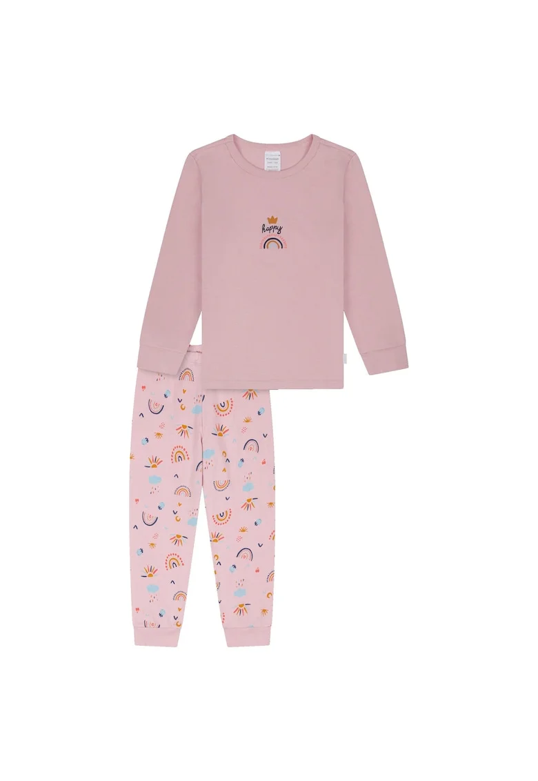 Pijama cu decolteu la baza gatului si pantaloni cu imprimeu, Roz pastel