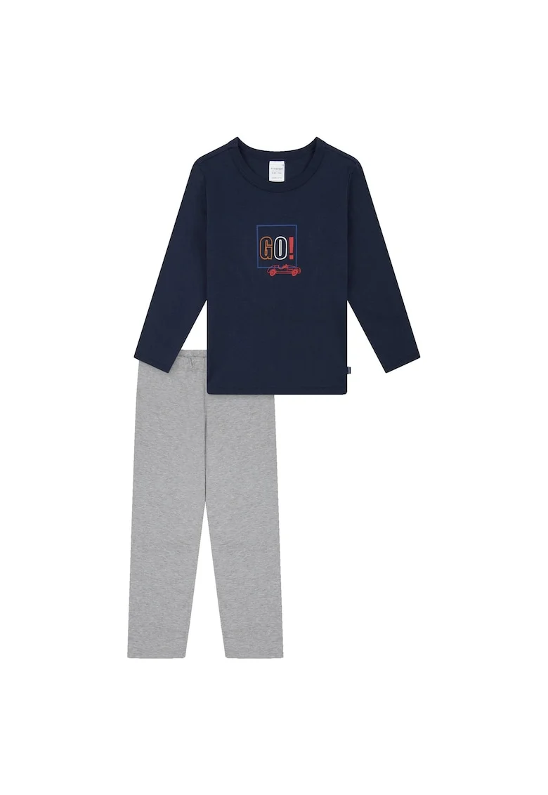 Pijama cu pantaloni lungi din bumbac cu imprimeu, Gri/Albastru