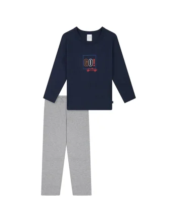 Pijama cu pantaloni lungi din bumbac cu imprimeu, Gri/Albastru