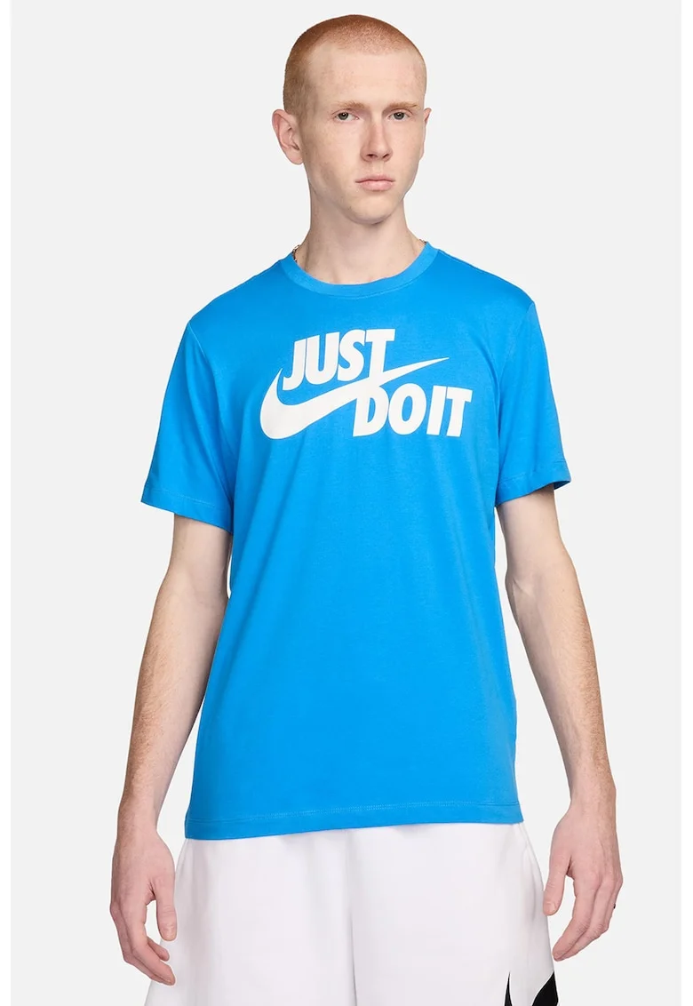 Tricou de bumbac cu imprimeu logo si text Swoosh, Alb murdar/Albastru deschis