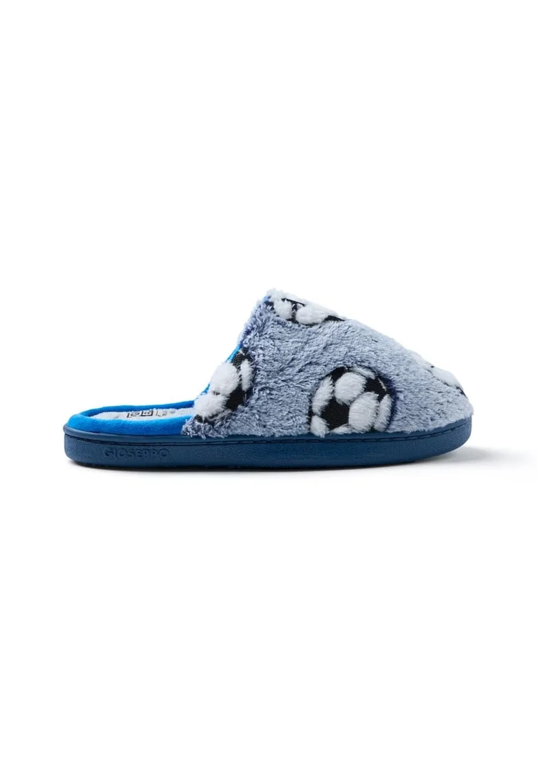 Papuci pufosi cu imprimeu fotbal, Bleumarin