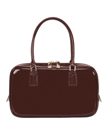 Geanta din piele lacuita cu maner, Maro cognac