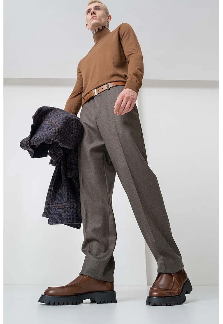 Pantaloni eleganti din amestec de lana cu talie elastica pe partea din spate, Maro inchis