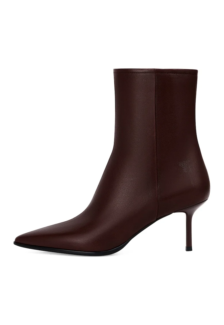 Botine din piele cu varf ascutit, Maro inchis