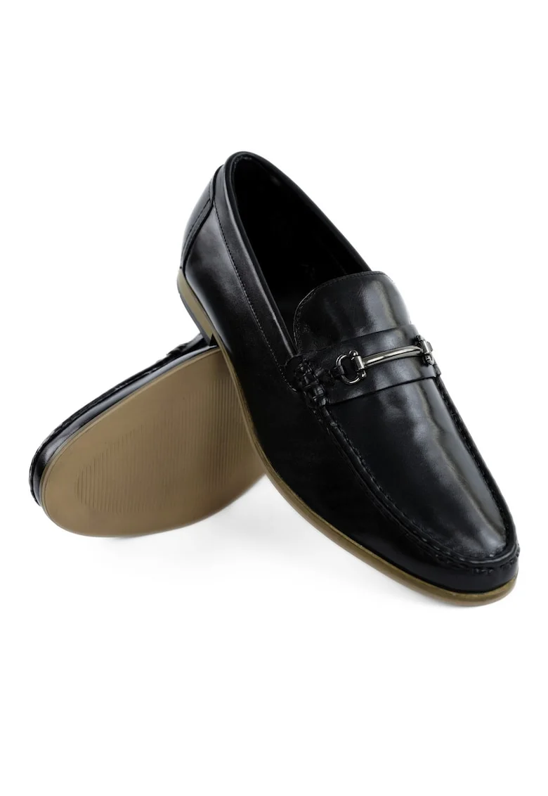 Mocasini barbatesti din piele cu catarama, negri, Negru